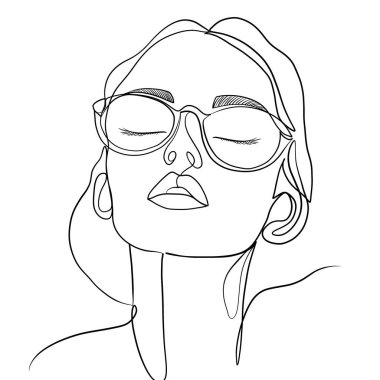 Gözlük takan, gözleri kapalı, sükunet ve güven saçan bir kadının minimalist çizimi. Tasarımın basitliği güzelliği ve huzuru vurgular.