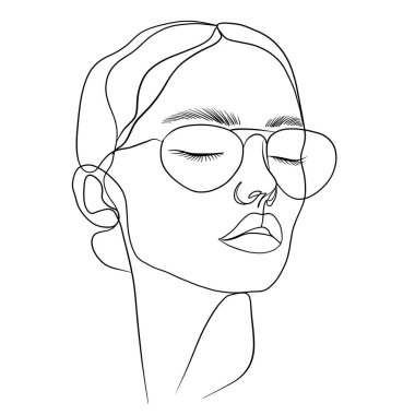 Güneş gözlüğü takan, gözleri kapalı ve ifadesiz bir kadının minimalist çizimi. sanat eserleri zarafet ve basitliği yakalar