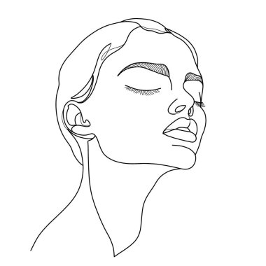 Sakin kadın yüzünün minimalist çizimi, zarafet ve sükunet sergiliyor. Sanat eserleri güzelliğin özünü basit çizgiler ve hatlarla yakalar.