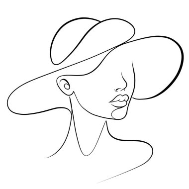 Büyük şapka takan, zarafet ve sadelik gösteren minimalist bir kadın çizimi. Sanat eserleri güzelliğin ve tarzın özünü temiz hatları ve zarifliğiyle yakalar.