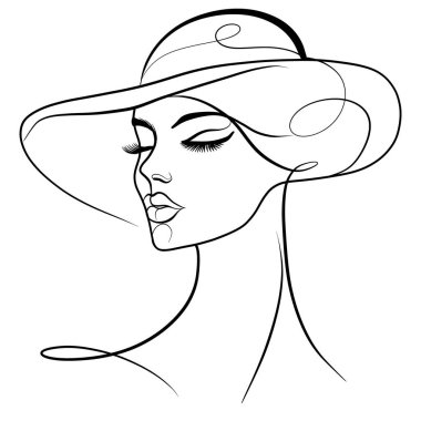 Geniş kenarlı şapka takan zarif bir kadın çizgisi güzelliği ve zarafeti sergiliyor. Minimalist tasarım yüz hatlarını ve şapka şeklini vurguluyor