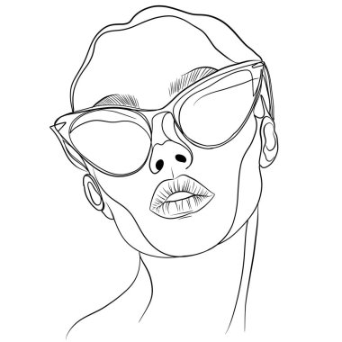 Aşırı büyük güneş gözlüğü takan, zarafet ve tarz sergileyen bir kadının minimalist çizgisi. Tasarım yüz hatlarını ve modayı ön plana çıkarır