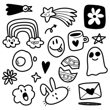 Yıldızlar, gökkuşakları ve sevimli karakterler gibi neşeli ve neşeli titreşimleri çağrıştıran tuhaf elementleri barındıran bir Doodle sanatı. Yaratıcı projeler ve eğlenceli tasarımlar için mükemmel.