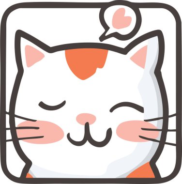 Adorable hand-drawn vector illustration of a smiling cat with blushing cheeks and a speech bubble. Perfect for stickers, icons, and kawaii designs