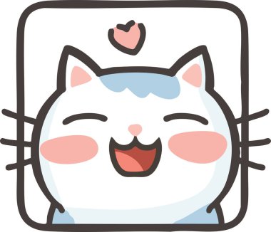 Neşeli bir suratı, yanakları kızaran bir kalbi ve yüzen bir kalbi olan sevimli çizgi film kedisi. Etiketler, emojiler, çocuk çizimleri ve dijital tasarımlar için mükemmel..