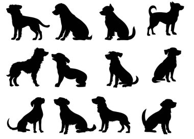 Collection of dog silhouettes featuring various breeds in sitting and standing poses. Perfect for pet-themed designs, logos, and vector illustrations.