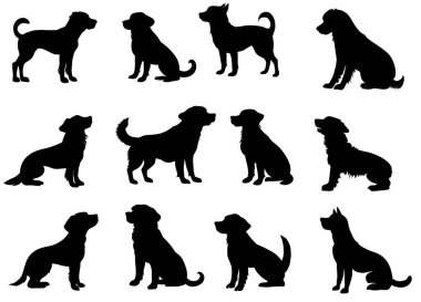 Collection of dog silhouettes featuring various breeds in sitting and standing poses. Perfect for pet-themed designs, logos, and vector illustrations.