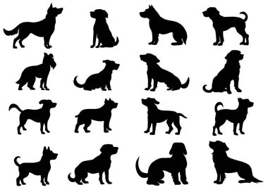 Collection of dog silhouettes featuring various breeds in sitting and standing poses. Perfect for pet-themed designs, logos, and vector illustrations.