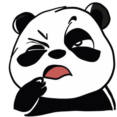 Şaşkın suratlı, kaşları çatık ve çenesine dokunan şüpheci bir ifadeyle sevimli çizgi film pandası. Etiketler, emojiler, reaksiyon resimleri veya mizahi tasarımlar için mükemmel.