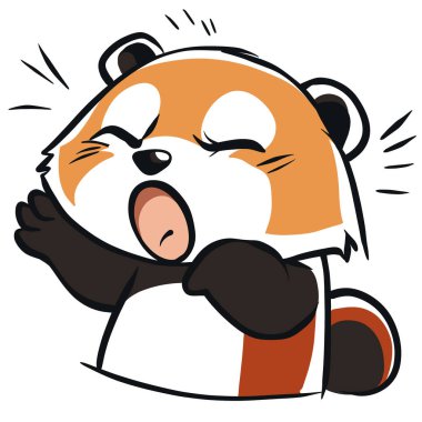 Uykulu bir ifadesi olan, esneyen ve esneyen sevimli çizgi film kırmızı panda. Etiketler, emojiler ve tepki görüntüleri için mükemmel..