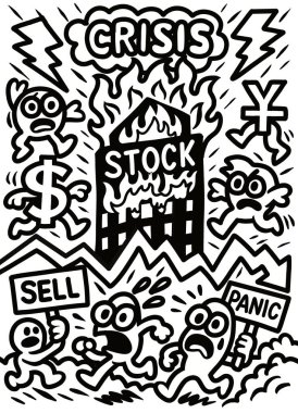 Kara beyaz karikatür tarzı bir borsa krizi, alevler, panik satışları ve finansal karışıklıkları gösteren bir çizim..