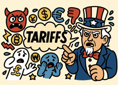 Karikatür tarzı renkli karalama sanatı, kargaşa içindeki üzgün karakterler ve para birimi sembolleriyle çevrili, gümrük vergilerini dayatan bir politik figür gösteriyor.