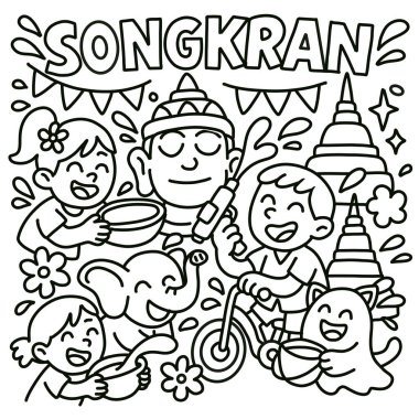Siyah ve beyaz Songkran çizgi sanatı, çocuklara su sıçratma, Buda heykeli, filler ve Tayland kültür unsurlarını gösteriyor