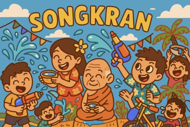 Çocukların su sıçrattığı, keşişi kutsadığı ve geleneksel aile eğlencesinin tadını çıkardığı Tayland Songkran festivalini gösteren renkli bir çizgi film..
