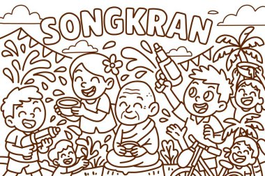 Tayland 'ın Songkran Festivali' nin siyah beyaz karalamaları su sıçratan aileleri, çocukları ve neşe dolu yaşlıları gösteriyor..