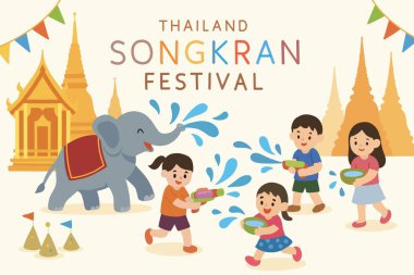 Songkran 'ı kutlamak için renkli poster tarzı illüstrasyon, Tayland tapınakları yakınlarında su ve fil ile oynayan çocukları gösteriyor..