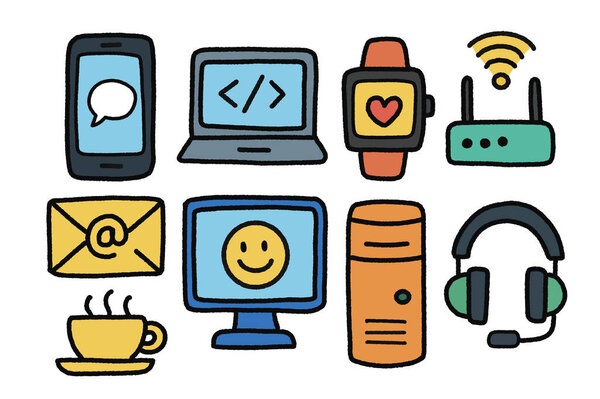 Коллекция цифровых устройств и коммуникационных инструментов, включая смартфоны ноутбук смартфонов роутер электронной почты значок настольный компьютер и наушники, передающие современные технологии образа жизни