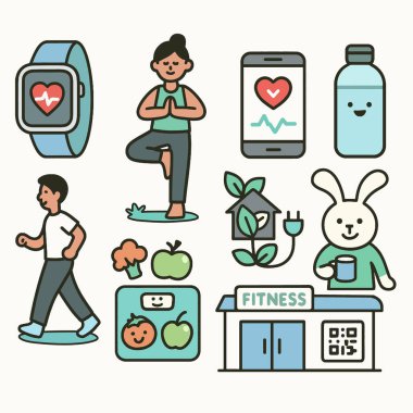 Bu illüstrasyonda akıllı seğirme, yoga pozları, fitness aktiviteleri ve besleyici gıdaların yer aldığı sağlıklı bir yaşam tarzı öğeleri tasvir edilir. canlı betimleme sağIığı ve zindeliği teşvik eder.