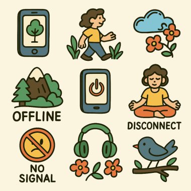 Cep telefonu doğası devre dışı meditasyon çiçekleri dağ sinyal yok kuş kulaklığı barışçıl açık hava teknolojisi rahatlama illüstrasyon dijital detoks huzur