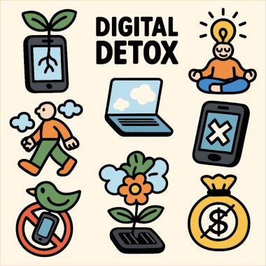 Dijital detoks zihinsel refah için cihazlardan ayrılmanın önemini vurgular. Bu resimde köklü akıllı telefon, meditasyon figürü ve doğa gibi çeşitli elementler yer almaktadır.