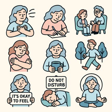 Duygusal sağlık örnekleri günlük tutmak, meditasyon yapmak ve duygularını ifade etmek de dahil olmak üzere kişisel bakım faaliyetlerini betimler. Bu görüntüler zihinsel sağlık farkındalığı ve duygusal desteği teşvik etmektedir.