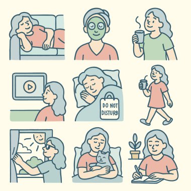 Rahatlama, refah için gereklidir ve bu çizim, uzanmak, içkiden zevk almak ve evcil hayvanlarla vakit geçirmek gibi çeşitli kişisel bakım aktivitelerini yakalar.