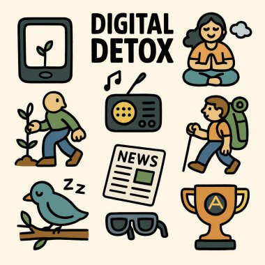 Meditasyon, doğa yürüyüşleri ve haberleri okumak gibi aktiviteleri içeren dijital bir detoks zihinsel refah için gereklidir. Ekranlardan uzakta dengeli yaşam tarzını benimse