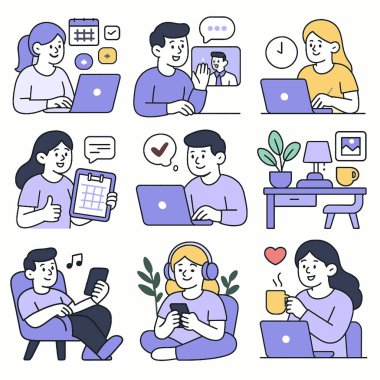 Dijital bir iş alanı uzaktan kumandalı verimlilik iletişim teknolojisi ofis ofis işi eğlence planlama gevşemesi. Bu illüstrasyon modern çalışmanın ve boş zamanların çeşitli yönlerini yakalar.