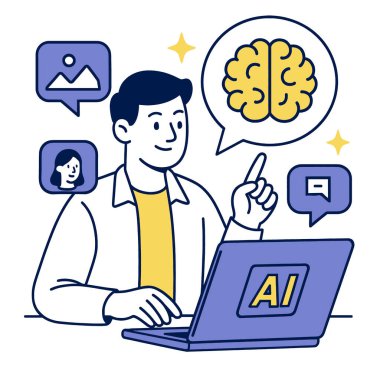 Yapay zeka teknolojisiyle dizüstü bilgisayar kullanan, yaratıcılık ve yenilik sergileyen bir kişi tasviri. Bireyler, görüntü ve iletişimi temsil eden simgelerle çevrili beyin fırtınası fikirleriyle meşgul.