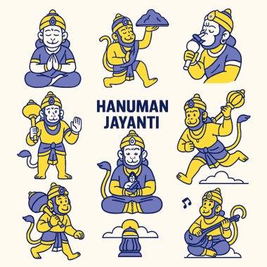 Hanuman Jayanti 'nin bir kutlamasında Hanuman' ın çeşitli şekilleri ve aktiviteleri sergilenmektedir. canlı renkler ve neşeli tasarımlar neşe ve hürmet duygusunu uyandırır.