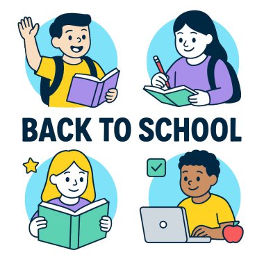 Öğrenim faaliyetlerine katılan çeşitli öğrencilerin yer aldığı bir okula dönüş teması. Oğlan elini kaldırır, kız yazar, başka bir kız okur ve oğlan da eğitim için heyecanlı bir şekilde dizüstü bilgisayar kullanır.