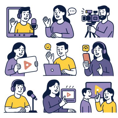 Çeşitli bireylerin mikrofon, kamera ve dijital cihazlar kullanarak podcast ve video içeriği oluşturulmasına ilişkin ilgi çekici bir çizim. Bu görseller modern medyanın özünü yakalar.