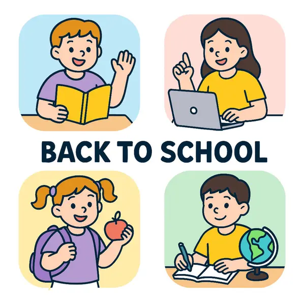 Okula Dönüş teması olarak çocukların okuma, dizüstü bilgisayar kullanma, elma tutma ve dünya ile çalışma gibi çeşitli eğitim faaliyetlerini içeren bir tema. resim heyecan ve hazırlık iletir