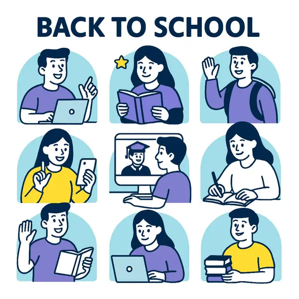 Çeşitli öğrencilerin eğitim, teknoloji ve çevrimiçi derslere katılmak gibi çeşitli aktivitelere katıldığı, heyecan ve öğrenmeye hazırlık içerikli bir okula dönüş teması