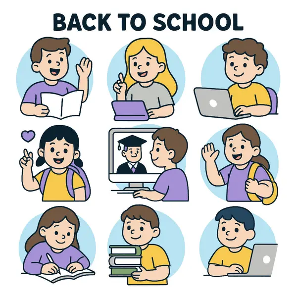 Okula Dönüş temasında çeşitli öğrencilerin ders çalışmaları, dizüstü bilgisayar kullanmaları, online derslere katılmaları, heyecan göstermeleri ve öğrenmeleri gibi çeşitli aktivitelere katılmaları yer alıyor.