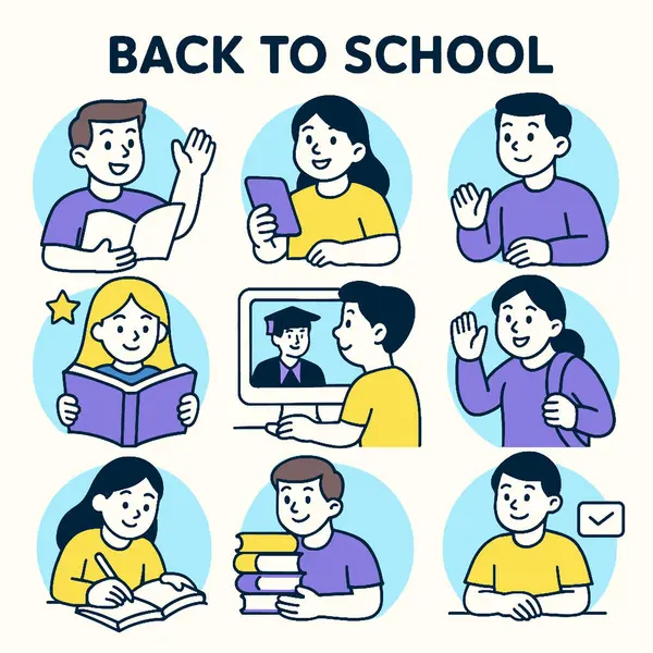 Okuma, öğrenme ve teknolojiyi kullanma, heyecan ve öğrenmeye hazırlık gibi çeşitli aktivitelere katılan öğrencilerin yer aldığı okula dönüş illüstrasyonları