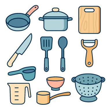 Yemek pişirme araçları, mutfak gereçleri ve tencere takımı yemek hazırlamak için gereklidir. bu vitrinler