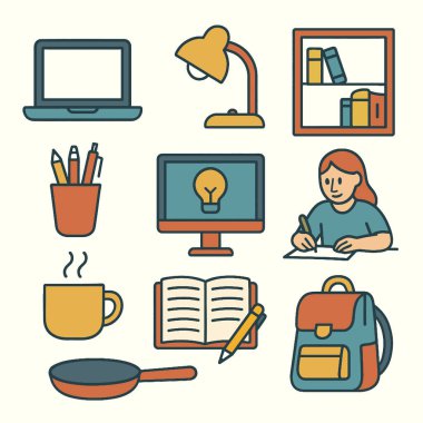 Dizüstü bilgisayar, masa lambası ve kırtasiye malzemelerinin yer aldığı rahat bir çalışma alanı, okumak veya çalışmak için mükemmel.