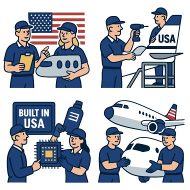 Bir Amerikan bayrağı uçak işçileri havacılık takımı oluşturma teknoloji üretimi gurur