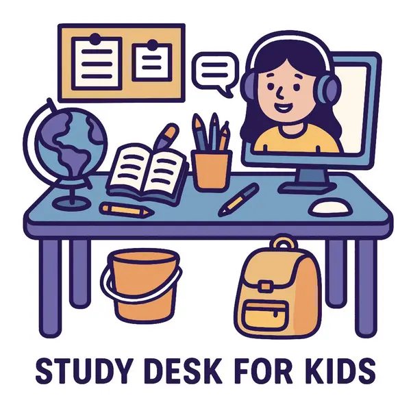 Öğrencili dünya, kitaplar ve bilgisayarın yer aldığı renkli bir çalışma masası