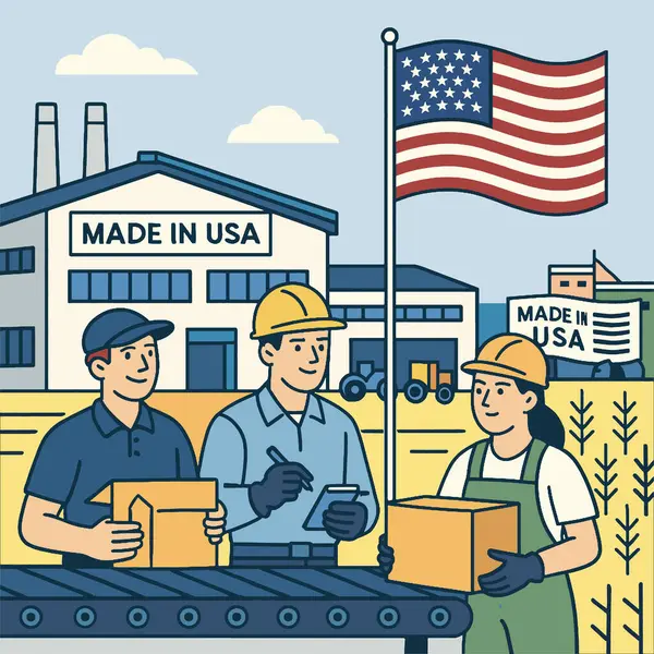 Amerika bayraklı bir fabrikada çalışan işçiler Amerikan üretim gururunu sergiliyorlar.