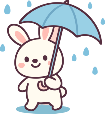 Mavi şemsiyeli şirin bir çizgi film tavşanı. Etrafı yağmur damlalarıyla çevrili. Neşeli ve neşeli bir hava yayıyor. Bu sevimli karakter neşe ve sıcaklık getiriyor, çocuk çizimleri için mükemmel.