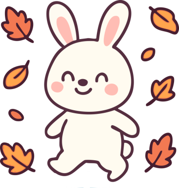 Sonbahar yapraklarıyla çevrili sevimli bir tavşan karakteri neşe ve neşe ifade ediyor. Tasarım basit, yumuşak renklere sahip çizgi film tarzı, çocuk çizimleri veya mevsimsel temalar için mükemmel