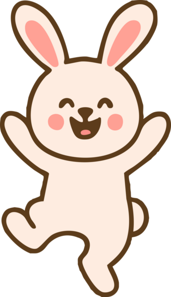 Şirin ve neşeli çizgi film tavşanı pembe kulakları ve neşeli bir ifadesi var, mutlu bir şekilde zıplıyor. Bu tapılası karakter neşe ve oyunculuğu temsil ediyor. Çocuk çizimleri ve festival temaları için mükemmel.