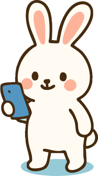 Akıllı telefon tutan sevimli çizgi film tavşanı, neşeli bir ifadeyle. Tavşanın beyaz gövdesi, pembe kulakları ve pembe yanakları var. Bu da onu çeşitli tasarımlar için sevimli bir karakter yapıyor.