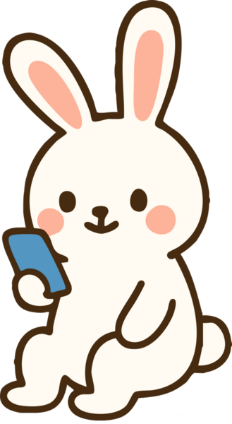 Akıllı telefon tutan sevimli bir çizgi film tavşanı neşeli bir ifadeyle rahatça oturuyor. Bu tapılası karakter, dijital içerik için mükemmel, neşeli ve modern bir atmosferi temsil ediyor.