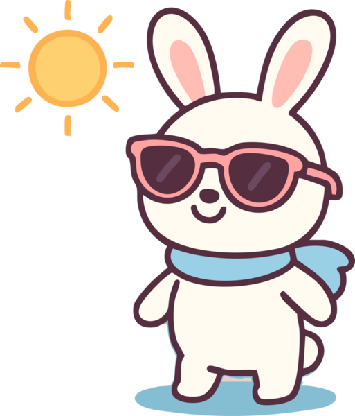 Güneş gözlüğü ve eşarp takan, parlak güneşin altında duran sevimli bir çizgi film tavşanı. neşeli ifade ve canlı renkler eğlenceli ve eğlenceli atmosfer yaratır