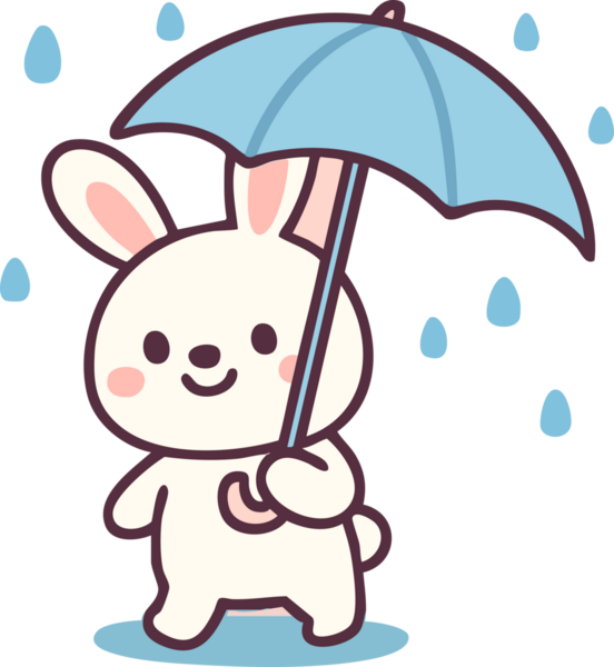Mavi şemsiyeli şirin bir çizgi film tavşanı. Etrafı yağmur damlalarıyla çevrili. Neşeli ve neşeli bir hava yayıyor. Bu sevimli karakter neşe ve sıcaklık getiriyor, çocuk çizimleri için mükemmel.