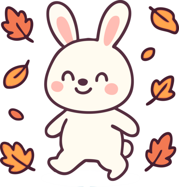 Sonbahar yapraklarıyla çevrili sevimli bir tavşan karakteri neşe ve neşe ifade ediyor. Tasarım basit, yumuşak renklere sahip çizgi film tarzı, çocuk çizimleri veya mevsimsel temalar için mükemmel