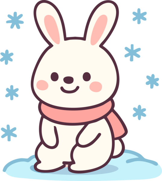 Kar taneleriyle çevrili pembe eşarplı, karlı bir çizgi film tavşanı neşeli kış atmosferini çağrıştırıyor.